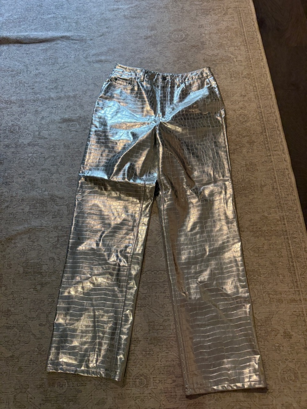 AFRM Metallic Silver Croc-Embossed Waistband Pants